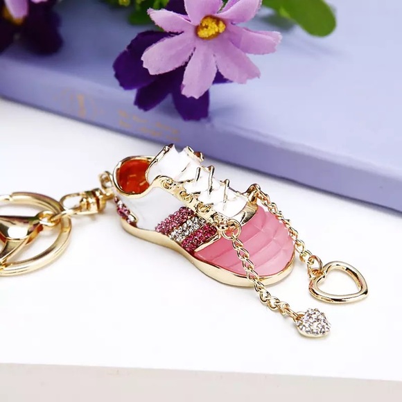 Pink and White Baby Tennis Shoe Crystal Keychain Charm - Picture 2 of 10